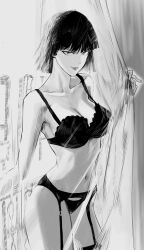 1girl bob_cut bra breasts cleavage commentary cowboy_shot curtains fubuki_(one-punch_man) garter_belt garter_straps greyscale hashtag-only_commentary highres large_breasts monochrome navel nnsee_d one-punch_man panties smile solo strap_gap thighhighs underwear