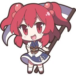 Rule 34 | 1girl, 60mai, :d, blush, chibi, coin, dress, full body, hair bobbles, hair ornament, holding, holding weapon, looking at viewer, obi, onozuka komachi, open mouth, puffy short sleeves, puffy sleeves, red eyes, red hair, sandals, sash, scythe, short sleeves, simple background, smile, solo, standing, touhou, two side up, weapon, white background, white legwear