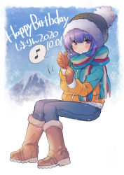 Rule 34 | 1girl, artist name, boots, brown footwear, brown gloves, coat, dated, day, denim, eighth note, full body, gloves, happy birthday, invisible chair, kawanobe, looking at viewer, mount fuji, musical note, purple eyes, purple hair, scarf, shima rin, sitting, snowflakes, solo, spoken musical note, winter clothes, winter coat, yurucamp
