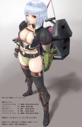 Rule 34 | 1girl, armor, breasts, capcom, cleavage, highres, large breasts, meran (armor), monster hunter, monster hunter (series), monster hunter frontier, panties, rasukaru, red eyes, short hair, silver hair, solo, striped clothes, striped panties, thighhighs, tiara, translation request, underwear