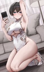 Rule 34 | 1girl, absurdres, arm up, armpits, bare arms, bare legs, bare shoulders, black hair, blue eyes, breasts, china dress, chinese clothes, clothing cutout, commentary request, couch, dress, full body, gwan-e, high heels, highres, holding, holding phone, indoors, kneeling, lamp, large breasts, looking at viewer, no panties, original, parted lips, pelvic curtain, phone, short hair, silver footwear, sleeveless, sleeveless dress, solo, thighs, underboob, underboob cutout, white dress, wooden floor