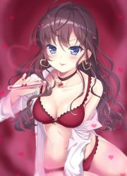 Rule 34 | 10s, 1girl, :3, anoa, bad id, bad pixiv id, blue eyes, blush, bow, bra, breasts, brown hair, choker, cleavage, commentary, cowboy shot, earrings, hair bow, heart, heart earrings, hoop earrings, ichinose shiki, idolmaster, idolmaster cinderella girls, jewelry, lab coat, long hair, looking at viewer, medium breasts, nail polish, panties, smile, solo, test tube, tongue, tongue out, underwear, wavy hair