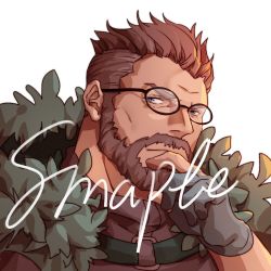 Rule 34 | 1boy, beard, blue eyes, closed mouth, coat, artistic error, facial hair, fate/grand order, fate (series), glasses, gloves, guoguo, hand on own chin, jacket, jacket on shoulders, male focus, military, sample watermark, short hair, silver hair, simple background, solo, watermark, white background, william tell (fate)