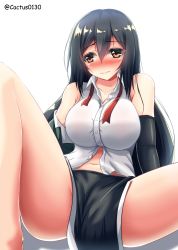 Rule 34 | 10s, 1girl, absurdres, between legs, black hair, blush, breasts, brown eyes, chikuma (kancolle), cleavage, closed mouth, dress shirt, embarrassed, eyebrows, hair between eyes, highres, kantai collection, large breasts, long hair, looking away, loussier666, navel, off shoulder, pelvic curtain, red ribbon, ribbon, shadow, shirt, simple background, sitting, sleeveless, sleeveless shirt, solo, spread legs, stomach, twitter username, unbuttoned, untied, very long hair, white background, white shirt