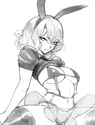 Rule 34 | 1girl, aeyga, animal ears, breasts, grey background, greyscale, hair between eyes, highres, large breasts, looking at viewer, mole, mole under mouth, monochrome, nier:automata, nier (series), rabbit ears, short hair, simple background, sitting, solo, thighhighs, 2b (nier:automata)