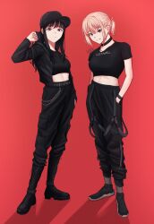 Rule 34 | 2girls, absurdres, alternate costume, alternate hairstyle, arm at side, artist name, baseball cap, belt, black belt, black choker, black footwear, black hair, black headwear, black jacket, black pants, black wristband, blonde hair, boots, breasts, cargo pants, choker, chxoswolf, closed mouth, clothes writing, combat boots, cropped shirt, cross-laced footwear, english text, expressionless, full body, hair between eyes, hand in own hair, hands in pockets, hat, highres, inoue takina, jacket, long hair, looking at viewer, lycoris recoil, medium breasts, midriff, multiple girls, nishikigi chisato, open clothes, open jacket, pants, pants tucked in, purple eyes, red background, red eyes, red ribbon, ribbon, shadow, shoes, short hair, short sleeves, side-by-side, sidelocks, simple background, smile, sneakers, split mouth, standing, suspenders, sweatpants, wristband