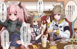 Rule 34 | 3girls, ambriel (arknights), animal ear fluff, animal ears, aqua hairband, arknights, arm up, artist logo, artist name, black eyes, black jacket, blonde hair, blouse, blush, brown hair, cake, cake slice, cat ears, coffee mug, commentary request, cup, doughnut, feeding, food, food on face, fork, fox ears, fox girl, fox tail, fruit, green eyes, grey shirt, hair rings, hairband, halo, holding, holding fork, indoors, infection monitor (arknights), jacket, long hair, long sleeves, macaron, mug, multiple girls, multiple tails, one side up, open mouth, pink hair, plate, purple eyes, saucer, shironekoban, shirt, short hair, single wrist cuff, smile, snake tail, strawberry, strawberry shortcake, suzuran (arknights), sweets, tail, tiered tray, translation request, utage (arknights), white jacket, wrist cuffs