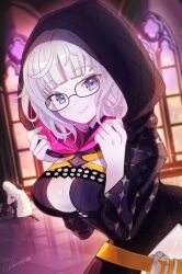 Rule 34 | 1boy, 1girl, baphomet (fate), belt, black dress, black jacket, blue eyes, breasts, cleavage, cropped jacket, dress, fate/grand order, fate (series), glasses, grey hair, highres, hood, hood up, hooded jacket, jacket, jacques de molay (foreigner) (fate), jacques de molay (foreigner) (second ascension) (fate), jacques de molay (saber) (fate), lamb, large breasts, long sleeves, looking at viewer, open clothes, open jacket, sheep, short dress, short hair, smile, solo focus, umirunie