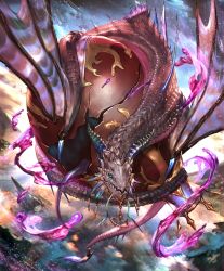 Rule 34 | 10s, artist request, black sclera, blue eyes, claws, cloud, colored sclera, crack, cygames, dragon, dragon horns, dragon wings, gold trim, horns, jewelry, liquid, official art, poison, ring, scales, see-through, shadowverse, shingeki no bahamut, sky, spines, venomous pucewyrm, vial, wings