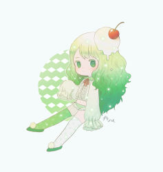 Rule 34 | 1girl, arm at side, ayu (mog), cherry, colored eyelashes, dripping, fireflies, flat chest, food, food on head, frilled sleeves, frills, fruit, full body, glowing, gradient hair, green eyes, green footwear, green hair, green panties, green thighhighs, hat, ice cream, long hair, looking at viewer, multicolored hair, neck ribbon, no pants, object on head, original, outstretched hand, panties, polka dot, polka dot legwear, pom pom (clothes), print thighhighs, red ribbon, ribbon, see-through, shirt, simple background, sleeves past fingers, sleeves past wrists, solo, swept bangs, thighhighs, underwear, wavy hair, white shirt, witch hat