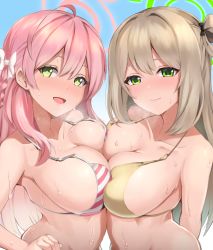 Rule 34 | 2girls, :d, ahoge, alternate costume, asymmetrical docking, bare arms, bare shoulders, bikini, bikini top only, blonde hair, blue archive, blush, breast press, breasts, cleavage, closed mouth, collarbone, commentary request, dyne gallon, green eyes, hair between eyes, hair ribbon, halo, hanako (blue archive), highres, large breasts, long hair, looking at viewer, multiple girls, navel, nonomi (blue archive), nonomi (swimsuit) (blue archive), one side up, open mouth, pink hair, ribbon, skindentation, smile, string bikini, striped bikini, striped clothes, sweat, swimsuit, symmetrical docking, upper body, wet, yellow bikini