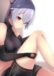 Rule 34 | absurdres, bare shoulders, black shorts, bow, breasts, elbow gloves, fate/grand order, fate (series), fingerless gloves, gloves, hands on legs, head down, highres, holding legs, large breasts, legs, looking at viewer, nanakaku, on one knee, ponytail, red bow, red eyes, red ribbon, ribbon, shorts, silver hair, sitting, skin tight, sleeveless, sleeveless turtleneck, solo, tomoe (symbol), tomoe gozen (fate), turtleneck