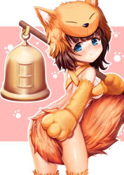 Rule 34 | 1girl, :t, animal hands, bell, blue eyes, blunt bangs, blush, bottomless, breasts, brown hair, closed mouth, commentary request, cosplay, cowboy shot, crossover, elbow gloves, fox hat, fox tail, giant bat, gloves, halterneck, highres, holding, holding staff, idolmaster, idolmaster cinderella girls, idolmaster cinderella girls starlight stage, kneehighs, looking at viewer, looking back, medium breasts, moonlight flower, moonlight flower (cosplay), paw print, paw print background, ragnarok online, sakuma mayu, short hair, socks, solo, staff, tail, two-tone background, white background, yellow fur, yellow gloves