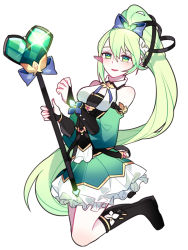 Rule 34 | 1girl, bare shoulders, bright pupils, chuki (lydia), detached sleeves, elf, elsword, flower, full body, glint, gold trim, green eyes, green hair, hair flower, hair ornament, half-closed eyes, highres, holding, holding wand, long hair, open mouth, pointy ears, rena erindel, ribbon, side ponytail, smile, wand, white background, wind sneaker (elsword)