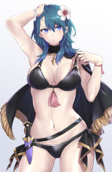 Rule 34 | 1girl, absurdres, aqua hair, arm up, armpits, belt, bikini, black bikini, black cape, blue eyes, blush, breasts, byleth (female) (fire emblem), byleth (female) (summer) (fire emblem), byleth (fire emblem), cape, cleavage, commentary request, cowboy shot, dagger, fire emblem, fire emblem: three houses, fire emblem heroes, flower, gradient background, hair flower, hair ornament, hand up, hibiscus, highres, knife, large breasts, looking at viewer, navel, nintendo, official alternate costume, parted lips, partial commentary, pulled by self, shinae, signature, simple background, solo, standing, stomach, sweat, sweatdrop, swimsuit, thighs, weapon