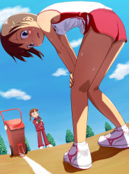 Rule 34 | 2girls, :o, armpits, bare shoulders, bent over, blue eyes, blush, breasts, brown hair, buruma, closed mouth, cloud, crossed arms, day, dutch angle, from side, full body, grey hair, gym shorts, gym uniform, hair ornament, hairclip, hands on own knees, holding, jacket, kneepits, legs, legs together, light smile, long sleeves, looking at viewer, looking back, looking to the side, midriff peek, mizuno (brand), multiple girls, new balance, open mouth, original, outdoors, panties, panties under buruma, pants, panty peek, parted bangs, red jacket, red pants, red shorts, running track, shade, shaded face, shadow, shoes, short hair, short shorts, short twintails, shorts, side slit, sky, small breasts, smile, sneakers, socks, standing, sweat, tank top, tomboo, tomboy, track and field, track jacket, track pants, track suit, tree, twintails, underwear, upshorts, white footwear, white panties