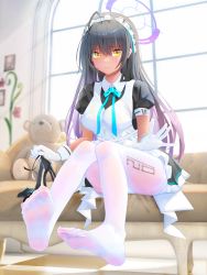 Rule 34 | 1girl, black eyes, blue archive, couch, dark skin, feet, foreshortening, highres, holding, holding shoes, karin (blue archive), long hair, looking at viewer, maid, maid headdress, pantyhose, shoes, unworn shoes, sitting, soles, stuffed animal, stuffed toy, toes, white legwear, yellow eyes