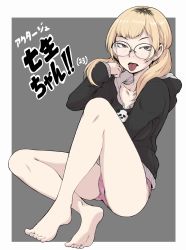 Rule 34 | 1girl, act-age, barefoot, blonde hair, brown eyes, collarbone, feet, freckles, glasses, highres, hood, hoodie, ina (gokihoihoi), looking at viewer, no pants, panties, piercing, sanzaka nanao, sitting, tongue, tongue out, tongue piercing, translation request, twintails, underwear
