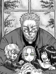 Rule 34 | age difference, alexander anderson, angry, cross, enrico maxwell, glasses, happy, heinkel wolfe, hellsing, nun, scar, short hair, size difference, smile, takagi yumie, aged down