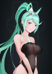 Rule 34 | 1girl, breasts, covered navel, earrings, female focus, green eyes, green hair, highres, jewelry, large breasts, long hair, matching hair/eyes, nintendo, one-piece swimsuit, pneuma (xenoblade), ponytail, smile, solo, spoilers, swimsuit, xenoblade chronicles (series), xenoblade chronicles 2, xenoblade chronicles (series), xenoblade chronicles 2