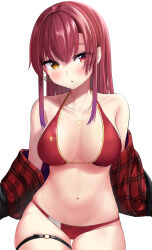 Rule 34 | 1girl, absurdres, bare shoulders, bikini, blush, breasts, collarbone, commentary request, cowboy shot, earrings, heart, heart earrings, heterochromia, highres, hololive, houshou marine, houshou marine (summer), jewelry, kakinotane e, large breasts, long hair, navel, off shoulder, parted lips, red bikini, red eyes, red hair, simple background, skindentation, solo, swimsuit, thigh gap, thigh strap, virtual youtuber, white background, yellow eyes