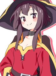 Rule 34 | 1girl, black choker, black hat, blush stickers, bright pupils, brown cape, brown hair, c:, cape, choker, closed mouth, commentary request, dress, drop shadow, flat chest, hand on own hip, hat, kono subarashii sekai ni shukufuku wo!, long sleeves, looking at viewer, megumin, noyama takenoko, off-shoulder dress, off shoulder, red dress, red eyes, short hair with long locks, simple background, smile, solo, split mouth, upper body, white background, witch hat
