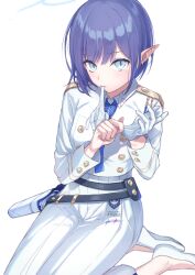 Rule 34 | 1girl, aoi (blue archive), belt, black belt, blue archive, blue eyes, blue hair, blue halo, blue necktie, commentary, deca purio, glove in mouth, gloves, halo, highres, long sleeves, looking at viewer, mole, mole under eye, mouth hold, necktie, pants, pointy ears, shoes, short hair, simple background, solo, white background, white footwear, white gloves, white pants, white uniform