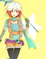 Rule 34 | 1girl, ahoge, antenna hair, artist request, blue shirt, bob cut, collarbone, gloves, holding, holding staff, looking at viewer, multicolored hair, open mouth, pascal (tales), pascal (tales), puffy sleeves, red hair, scarf, shirt, short hair, shorts, smile, staff, star (symbol), suspenders, tales of (series), tales of graces, thighhighs, two-tone hair, white hair, yellow background, yellow eyes