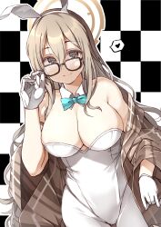 Rule 34 | 1girl, adjusting eyewear, akane (blue archive), akane (bunny) (blue archive), animal ears, aqua bow, aqua bowtie, armpit crease, bare shoulders, black-framed eyewear, blue archive, bow, bowtie, breasts, brown eyes, brown hair, checkered background, cleavage, closed mouth, detached collar, double-parted bangs, dutch angle, fake animal ears, gloves, hair between eyes, hand up, hasumi takashi, heart, highleg, highleg leotard, highres, large breasts, leotard, looking at viewer, official alternate costume, pantyhose, plaid shawl, playboy bunny, rabbit ears, shawl, sidelocks, smile, solo, spoken heart, white gloves, white leotard, white pantyhose