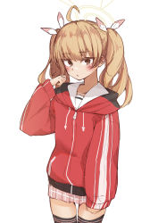 Rule 34 | 1girl, absurdres, ahoge, arm at side, black thighhighs, blonde hair, blue archive, blush, cowboy shot, dhuten, halo, hand up, highres, hood, hood down, hooded jacket, jacket, medium hair, miniskirt, pink skirt, red jacket, sailor, simple background, skirt, solo, thighhighs, twintails, white background, yellow eyes, yoshimi (blue archive), zettai ryouiki