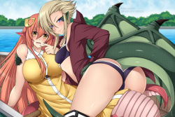 Rule 34 | 2girls, ass, bare arms, bare shoulders, blonde hair, blush, boat, bra, breasts, claws, draco (monster musume), dragon girl, dragon wings, dress, fang, finger to mouth, girl on top, hair between eyes, hair ornament, hairclip, holding another&#039;s arm, horizon, jacket, lake, lamia, large breasts, lindaroze, long hair, looking at viewer, miia (monster musume), monster girl, monster musume no iru nichijou, multiple girls, open clothes, open mouth, open shirt, panties, pointy ears, purple eyes, red hair, scales, shirt, short hair, sidelocks, small breasts, smile, tail, thighs, underwear, very long hair, watercraft, watermark, web address, wide hips, wings, yellow dress, yellow eyes, yuri