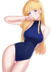 Rule 34 | 1girl, absurdres, blonde hair, blue eyes, blue one-piece swimsuit, breasts, covering own mouth, cowboy shot, gluteal fold, highres, kv-- (310255704), large breasts, long hair, one-piece swimsuit, original, school swimsuit, simple background, sleeveless, sleeveless turtleneck, solo, swimsuit, thigh gap, turtleneck, white background