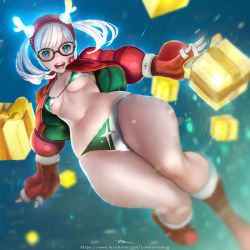 1girl bikini blue_eyes boots breasts curvy female_focus fingerless_gloves gift glasses gloves green_bikini jacket lokman_lam long_hair looking_at_viewer medium_breasts open_mouth silver_hair skindentation smile solo swimsuit teeth thick_thighs thighs underboob white_bikini wide_hips