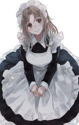 Rule 34 | 1girl, alternate costume, apron, breasts, brown eyes, brown hair, dress, enmaided, frilled dress, frills, head tilt, ichikawa hinana, idolmaster, idolmaster shiny colors, long hair, looking at viewer, maid, maid headdress, medium breasts, mogupon, own hands together, parted bangs, pinafore dress, simple background, sleeveless dress, smile, solo, wavy mouth, white apron, white background