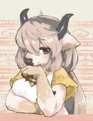 Rule 34 | 1girl, ahoge, animal nose, black eyes, black horns, body fur, brown fur, closed mouth, dress, furrification, furry, furry female, grey hair, hair over one eye, hair ribbon, hand on own arm, hand on own chin, hand up, highres, horns, kemono friends, light smile, long bangs, looking at viewer, multicolored fur, ox ears, ox girl, ox horns, ribbon, shirt, short sleeves, snout, solo, striped, toki reatle, upper body, vertical stripes, white fur, yak (kemono friends), yellow shirt