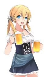 Rule 34 | 1girl, :d, alcohol, alternate costume, anchor hair ornament, bare shoulders, beer, beer mug, black dress, blonde hair, blue eyes, blush, bra strap, breasts, cleavage, collarbone, cowboy shot, cup, dirndl, dress, frilled dress, frilled sleeves, frills, german clothes, hair between eyes, hair ornament, highres, jewelry, kantai collection, long hair, looking at viewer, medium breasts, mug, myuto (advent retribution), necklace, off-shoulder dress, off shoulder, open mouth, pendant, prinz eugen (kancolle), puffy short sleeves, puffy sleeves, round teeth, short sleeves, simple background, smile, solo, standing, strap gap, tareme, teeth, transparent background, underbust, white background