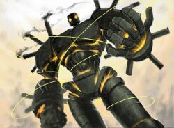 Rule 34 | 1other, circle, clenched hand, commentary request, cowboy shot, darksteel colossus, from below, glowing, glowing arm, glowing eyes, golem, joints, looking down, magaq, magic: the gathering, metal skin, outdoors, robot, robot joints, simple background, smoke, smokestack, standing