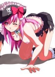 Rule 34 | 1girl, all fours, ass, bad id, bad pixiv id, blush, bow, breasts, captain liliana, frills, hat, jolly roger, kuro (1968), long hair, medium breasts, miniskirt, one eye closed, pink eyes, pink hair, pirate, pirate hat, pleated skirt, queen&#039;s blade, queen&#039;s blade rebellion, ribbon, skirt, skull and crossed swords, solo, torn clothes, very long hair