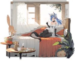 Rule 34 | 1girl, animal ears, aqua eyes, arm support, azur lane, bare shoulders, black gloves, black pantyhose, blue hair, breasts, cleavage, detached sleeves, dress, elbow gloves, unworn eyewear, fang, fox ears, fox girl, fox tail, glasses, gloves, hagi (ame hagi), hair ornament, hair ribbon, headdress, highres, holding, holding removed eyewear, indoors, jintsuu (azur lane), jintsuu (the gray wolf&#039;s ploy) (azur lane), large breasts, long hair, official alternate costume, official art, on bed, open mouth, pantyhose, ponytail, ribbon, sitting, solo, tail, torn clothes, torn dress, transparent background, white dress, yokozuwari