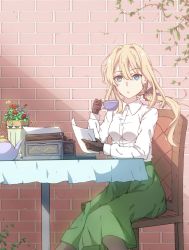 Rule 34 | 10s, 1girl, black legwear, blonde hair, blue eyes, breasts, brick wall, brown gloves, buttons, chair, collared shirt, commentary request, cup, day, elbows on table, feet out of frame, flower, flower pot, gloves, green skirt, hair between eyes, hair intakes, hair ribbon, hand up, highres, holding, holding cup, holding paper, kujou kyu, long hair, long sleeves, looking at viewer, low ponytail, medium breasts, paper, parted lips, ribbon, shirt, sitting, skirt, solo, sunlight, table, tablecloth, teacup, teapot, typewriter, violet evergarden, violet evergarden (series), wall, white shirt, wind