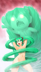Rule 34 | 1girl, armpits, arms behind head, arms up, avavago (parody), bayonetta (series), bayonetta 1, censored, convenient censoring, green eyes, green hair, hatsune miku, highres, long hair, matching hair/eyes, navel, nude, onsoku inu, parody, solo, thighs, toned, twintails, very long hair, vocaloid