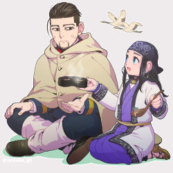 Rule 34 | 1boy, 1girl, :d, ainu, ainu clothes, animal, asirpa, bad id, bad pixiv id, bandana, bird, black eyes, black footwear, black hair, blue bandana, blue eyes, blue jacket, blue pants, boots, buttons, cape, closed mouth, collar, collared jacket, commentary request, ear piercing, earrings, eye contact, facial hair, facial scar, food, from side, full body, gaiters, giving, golden kamuy, goose, grey background, hair slicked back, hair strand, holding, holding food, holding spoon, hood, hood down, hooded cape, hoop earrings, imperial japanese army, jacket, jewelry, long hair, long sleeves, looking at another, military, military uniform, ogata hyakunosuke, open mouth, pants, piercing, sandals, scar, scar on cheek, scar on face, short hair, simple background, sitting, smile, spoon, stubble, tetsuko gk, undercut, uniform, white cape