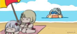 Rule 34 | 3girls, ^ ^, afloat, applying sunscreen, aqua hair, assault lily, bare arms, bare legs, bare shoulders, beach, beach towel, beach umbrella, bikini, blonde hair, blue-tinted eyewear, blue sky, blunt bangs, blurry, blurry foreground, bracelet, chibi, closed eyes, cloud, covered eyes, day, flower, grey hair, hair flower, hair ornament, hands up, high ponytail, highres, holding, horizon, innertube, jewelry, kabayaki (kabayaki eel), kon kanaho, long hair, lotion bottle, lying, miyagawa takane, multiple girls, no mouth, official alternate costume, official alternate hairstyle, on ground, on stomach, outdoors, partially submerged, pink flower, ponytail, red bikini, sitting, sky, sunglasses, swim ring, swimsuit, tinted eyewear, toki kureha, towel, twitter username, umbrella, water