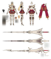 Rule 34 | 1girl, armor, armored boots, arms at sides, blonde hair, boots, breastplate, character sheet, commentary request, flat color, gauntlets, gunlance, helmet, high heel boots, high heels, highres, instant ip, lance, long hair, multiple views, original, plate armor, polearm, red skirt, shoulder armor, skirt, standing, thigh boots, thighhighs, weapon, white background, yellow eyes