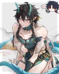 Rule 34 | 2boys, absurdres, aqua eyes, aqua horns, aqua tail, barefoot, between legs, black hair, blade (honkai: star rail), blush, chinese commentary, closed mouth, clothing cutout, commentary request, cosplay, crossdressing, dan heng (honkai: star rail), dan heng (imbibitor lunae) (honkai: star rail), disembodied hand, dress, earrings, embarrassed, eyeliner, hair between eyes, hair bun, hair ornament, hair over one eye, hand between legs, hand on own arm, hand up, head only, highres, honkai: star rail, honkai (series), horn ornament, horns, jewelry, long hair, looklaba114514, makeup, male focus, multiple boys, navel, no mouth, no nose, parted bangs, pectoral cleavage, pectorals, pointy ears, red eyeliner, red eyes, ruan mei (honkai: star rail), ruan mei (honkai: star rail) (cosplay), scoreboard, scroll, seiza, short dress, shoulder cutout, simple background, sitting, sweat, thighlet, very long hair