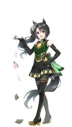 Rule 34 | 1girl, animal ears, armpits, blush, boots, breasts, card, detached sleeves, full body, gloves, green eyes, highres, horse ears, horse girl, horse tail, joker (playing card), long hair, looking at viewer, medium breasts, official art, open mouth, pantyhose, playing card, satono crown (umamusume), sleeveless, solo, standing, tail, thigh boots, transparent background, umamusume