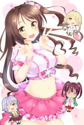 Rule 34 | 4girls, :d, ashino, blush, bow, breasts, brown hair, chibi, chibi inset, commentary request, costume, crop top, curly hair, double w, frilled skirt, frills, futaba anzu, groin, hands up, idol, idolmaster, idolmaster cinderella girls, koshimizu sachiko, long hair, looking at viewer, microskirt, midriff, multiple girls, navel, ogata chieri, one side up, open mouth, pink footwear, pink skirt, plaid, plaid bow, puffy short sleeves, puffy sleeves, raised eyebrows, shimamura uzuki, short sleeves, skirt, smile, sparkle, stomach, very long hair, w, wing collar, yellow eyes