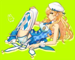 Rule 34 | 1girl, argyle, argyle clothes, argyle legwear, arm support, bad id, bad twitter id, bare shoulders, blonde hair, bow, from side, green eyes, hat, hat bow, hoshii miki, idolmaster, idolmaster (classic), long hair, looking at viewer, lying, on back, rod (rod4817), short shorts, shorts, smile, solo, thighhighs