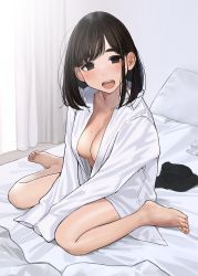 Rule 34 | 1girl, :d, bed, bed sheet, bedroom, blush, book, bottomless, breasts, brown eyes, brown hair, cleavage, collarbone, collared shirt, curtains, douki-chan (douki-chan), dress shirt, eyebrows, ganbare douki-chan, highres, indoors, kouhai-chan (douki-chan), long sleeves, looking at viewer, medium breasts, mole, mole on breast, mole on cheek, mole under eye, naked shirt, no bra, on bed, open clothes, open mouth, open shirt, pantyhose, unworn pantyhose, pillow, shirt, short eyebrows, sitting, sleeves past wrists, smile, solo, teeth, thick eyebrows, upper teeth only, wariza, white shirt, window, wing collar, yomu (sgt epper)