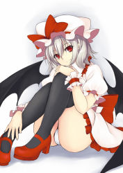 Rule 34 | 1girl, black thighhighs, blue hair, boots, bow, frilled skirt, frills, hand on leg, hand on own knee, hat, mary janes, panties, pantyshot, red eyes, red footwear, remilia scarlet, shoes, skirt, smile, solo, thighhighs, thighs, touhou, underwear, utakata (kochou no yume), white panties, white skirt, wings, wrist cuffs
